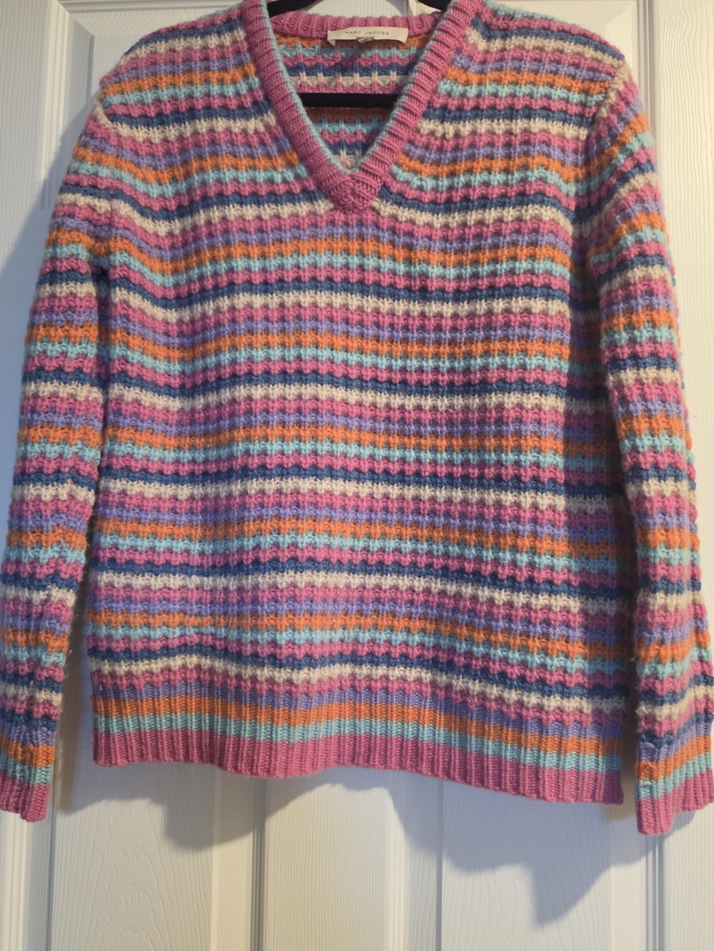 Marc Jacobs Striped V-Neck Sweater in Pink, Purple, Teal & Orange